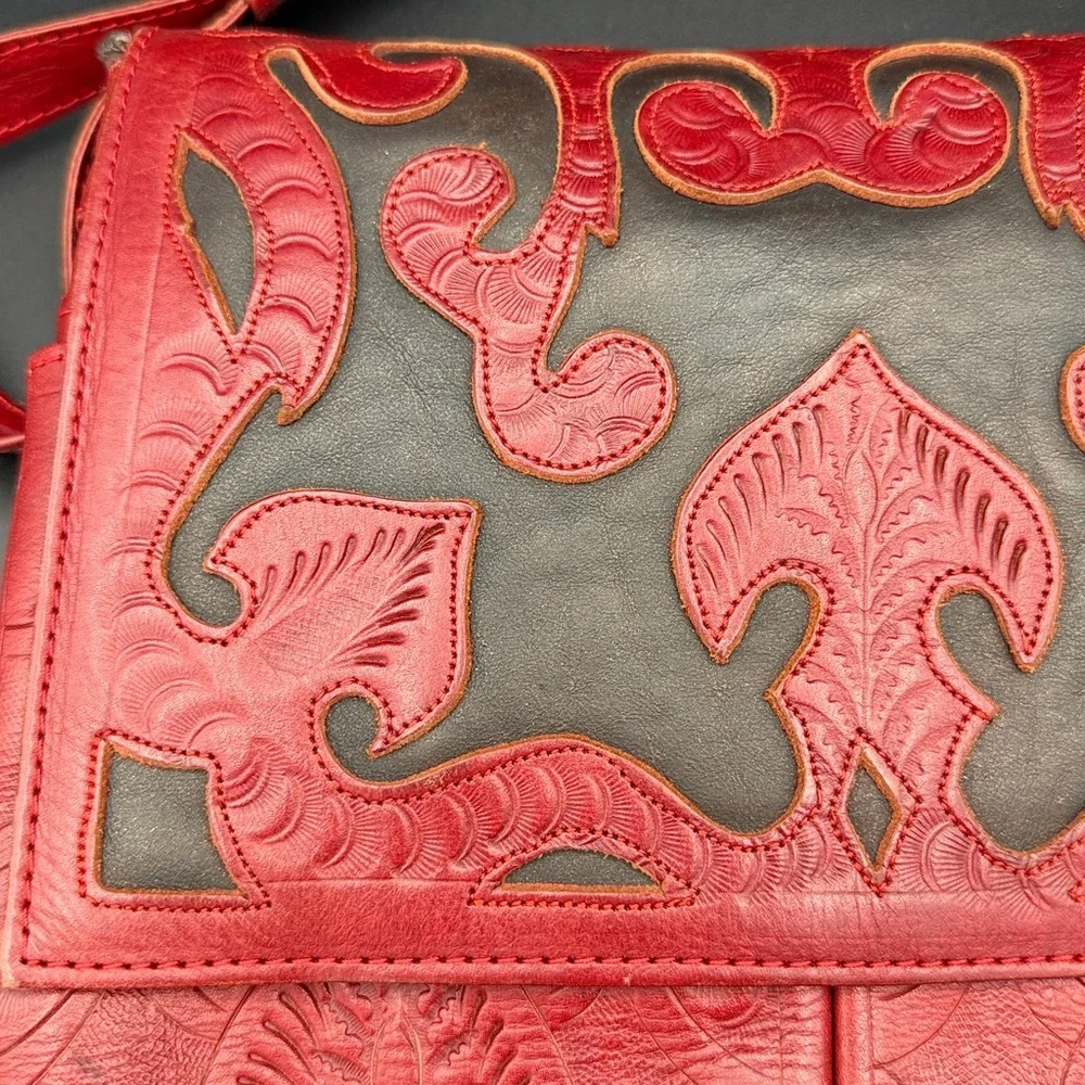 Red and Black Embossed Leather Crossbody Bag - Picture 2 of 13
